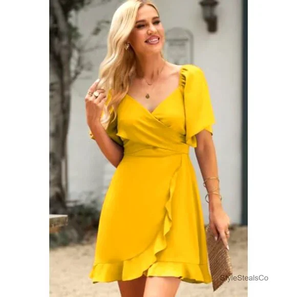 Wrap V-Neck Mini Dress with Flared Sleeves, Elastic Waist, and Belt - Picture 3 of 7